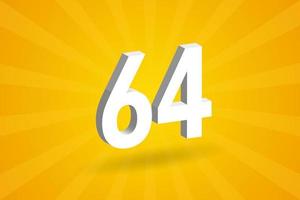 3D 64 number font alphabet. White 3D Number 64 with yellow background vector