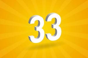 3D 33 number font alphabet. White 3D Number 33 with yellow background vector