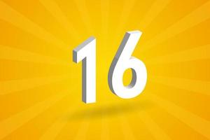 3D 16 number font alphabet. White 3D Number 16 with yellow background vector