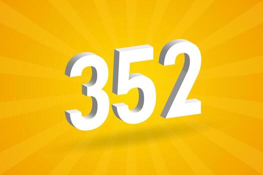 3D 352 number font alphabet. White 3D Number 352 with yellow background vector