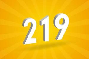 3D 219 number font alphabet. White 3D Number 219 with yellow background vector