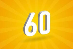 3D 60 number font alphabet. White 3D Number 60 with yellow background vector