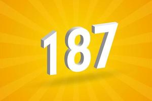 3D 187 number font alphabet. White 3D Number 187 with yellow background vector