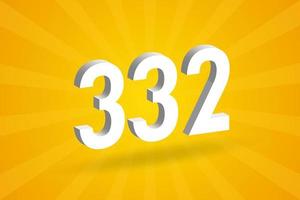 3D 332 number font alphabet. White 3D Number 332 with yellow background vector