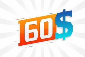 Símbolo de texto vectorial de moneda de 60 dólares. 60 usd dólar de los estados unidos dinero americano stock vector