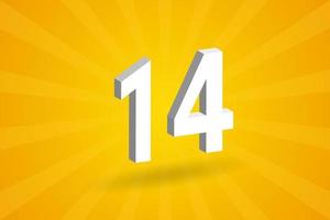 3D 14 number font alphabet. White 3D Number 14 with yellow background vector