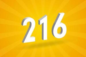 3D 216 number font alphabet. White 3D Number 216 with yellow background vector