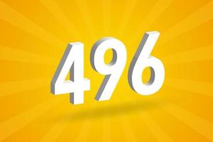 3D 496 number font alphabet. White 3D Number 496 with yellow background vector