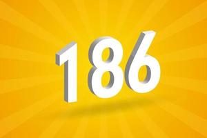 3D 186 number font alphabet. White 3D Number 186 with yellow background vector