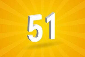 3D 51 number font alphabet. White 3D Number 51 with yellow background vector