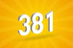 3D 381 number font alphabet. White 3D Number 381 with yellow background vector