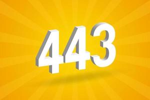 3D 443 number font alphabet. White 3D Number 443 with yellow background vector