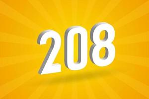 3D 208 number font alphabet. White 3D Number 208 with yellow background vector