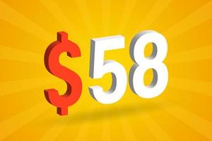 58 USD 3D text symbol. 58 United State Dollar 3D with yellow background American Money stock vector