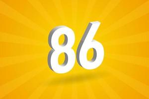 3D 86 number font alphabet. White 3D Number 86 with yellow background vector