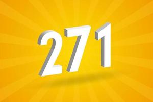 3D 271 number font alphabet. White 3D Number 271 with yellow background vector