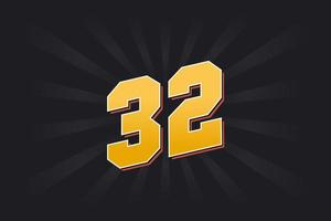 Number 32 vector font alphabet. Yellow 32 number with black background