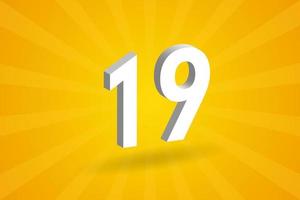 3D 19 number font alphabet. White 3D Number 19 with yellow background vector