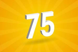 3D 75 number font alphabet. White 3D Number 75 with yellow background vector