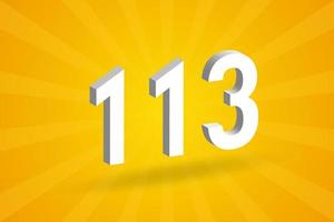 3D 113 number font alphabet. White 3D Number 113 with yellow background vector