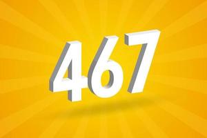 3D 467 number font alphabet. White 3D Number 467 with yellow background vector