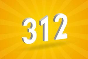 3D 312 number font alphabet. White 3D Number 312 with yellow background vector