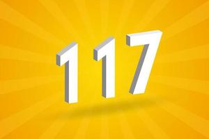 3D 117 number font alphabet. White 3D Number 117 with yellow background vector