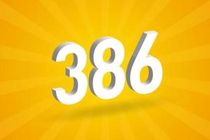 3D 386 number font alphabet. White 3D Number 386 with yellow background vector