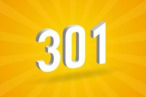 3D 301 number font alphabet. White 3D Number 301 with yellow background vector