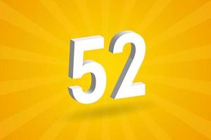 3D 52 number font alphabet. White 3D Number 52 with yellow background vector