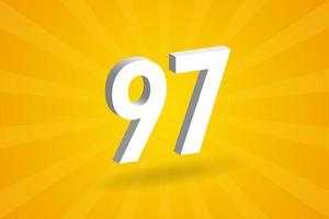 3D 97 number font alphabet. White 3D Number 97 with yellow background vector