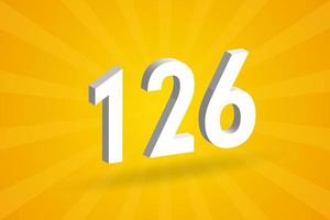 3D 126 number font alphabet. White 3D Number 126 with yellow background vector