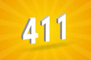 3D 411 number font alphabet. White 3D Number 411 with yellow background vector