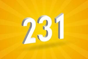 3D 231 number font alphabet. White 3D Number 231 with yellow background vector