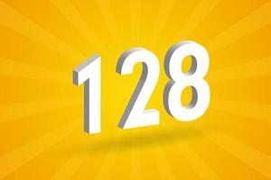 3D 128 number font alphabet. White 3D Number 128 with yellow background vector