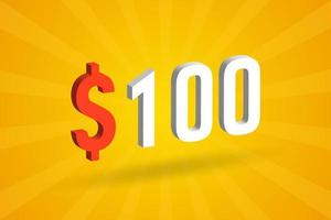 Símbolo de texto 3d de 100 dólares. 100 dólares de los estados unidos 3d con fondo amarillo vector de stock de dinero americano