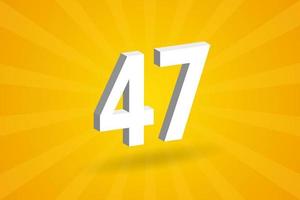 3D 47 number font alphabet. White 3D Number 47 with yellow background vector