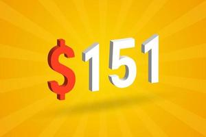 151 usd símbolo de texto 3d. 151 dólar de los estados unidos 3d con fondo amarillo vector de stock de dinero americano