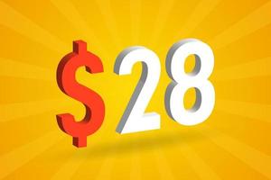 28 USD 3D text symbol. 28 United State Dollar 3D with yellow background American Money stock vector