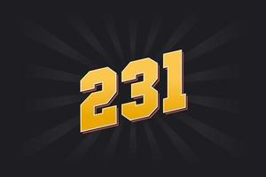 Number 231 vector font alphabet. Yellow 231 number with black background