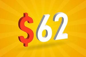62 usd símbolo de texto 3d. 62 dólar de los estados unidos 3d con fondo amarillo vector de stock de dinero americano