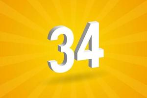 3D 34 number font alphabet. White 3D Number 34 with yellow background vector