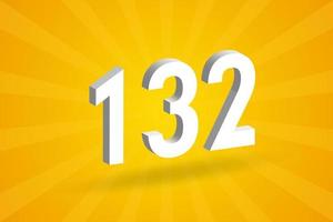 3D 132 number font alphabet. White 3D Number 132 with yellow background vector