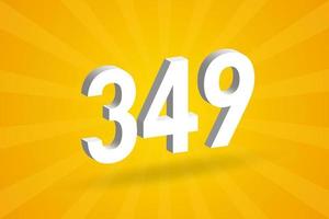 3D 349 number font alphabet. White 3D Number 349 with yellow background vector