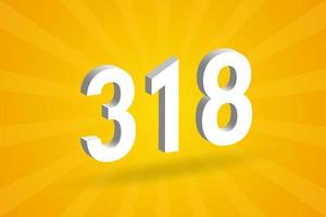 3D 318 number font alphabet. White 3D Number 318 with yellow background vector