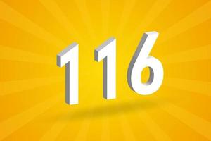 3D 116 number font alphabet. White 3D Number 116 with yellow background vector