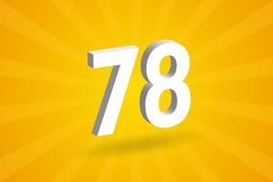 3D 78 number font alphabet. White 3D Number 78 with yellow background vector