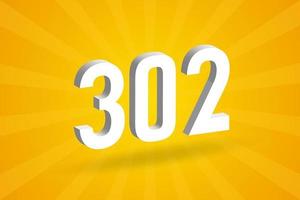 3D 302 number font alphabet. White 3D Number 302 with yellow background vector