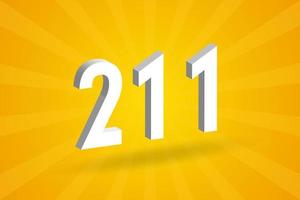 3D 211 number font alphabet. White 3D Number 211 with yellow background vector