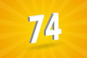 3D 74 number font alphabet. White 3D Number 74 with yellow background vector